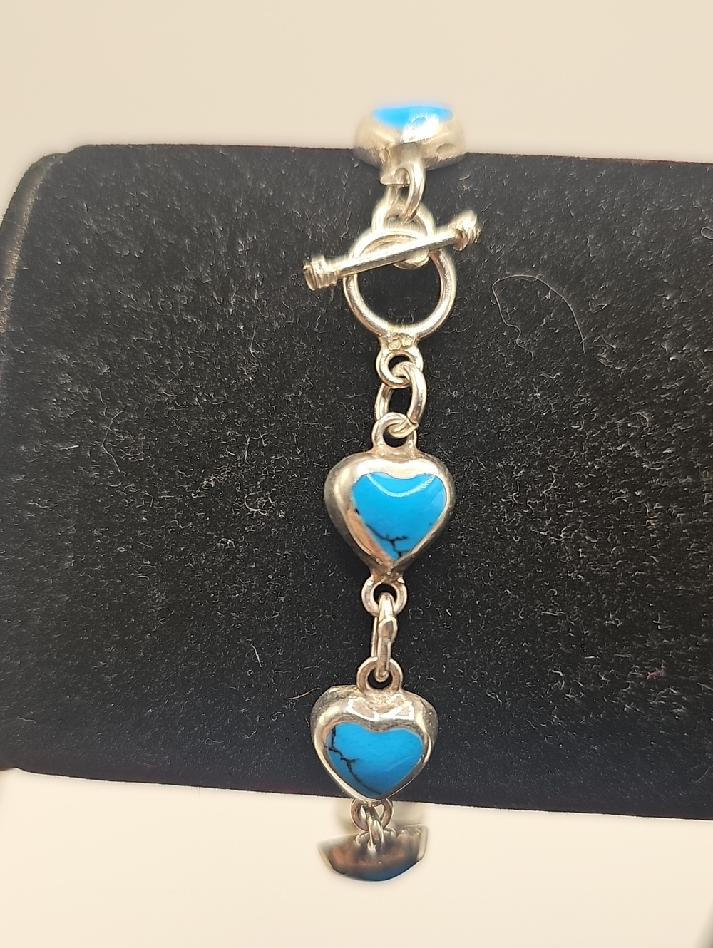 Sterling Silver Turquoise Heart Link Bracelet About 7".